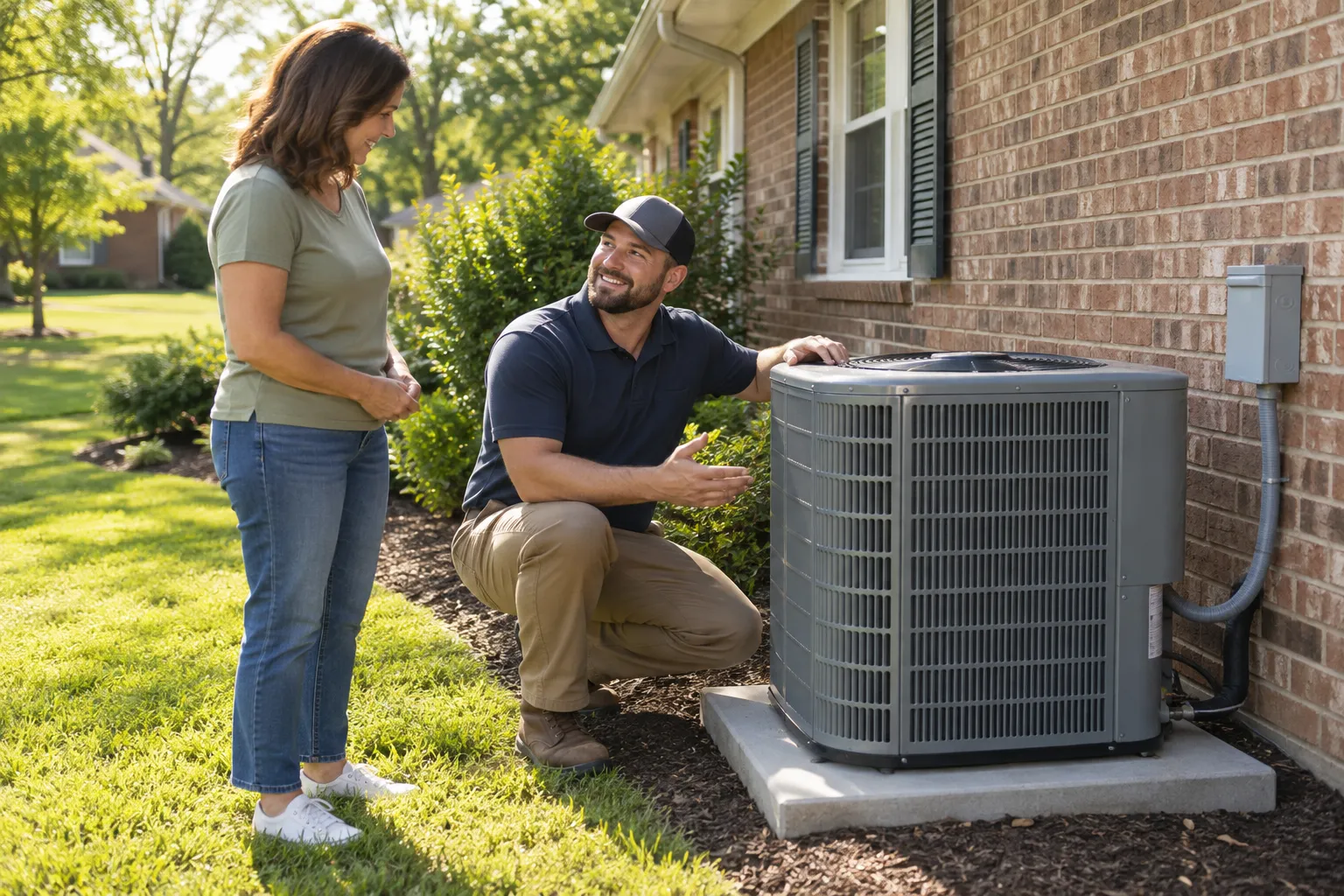 Friendly HVAC provider checking a new outdoor air conditioner beside a house in Hammond